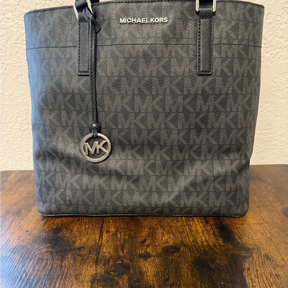 Michael Kors Black Signature Tote with Leather Trim